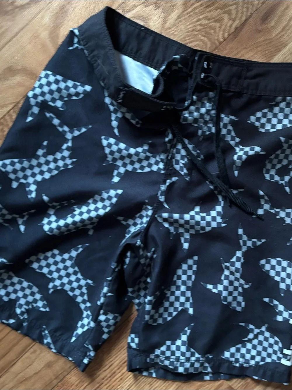 Hurley Black Swim Shorts with Gray Checker Shark Print
